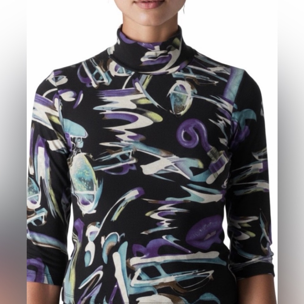 Christian Lacroix Black Abstract Print Turtleneck Top with Purple & Teal Accents